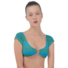 Boho Blue Green Pattern Cap Sleeve Ring Bikini Top by SpinnyChairDesigns