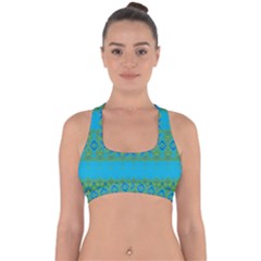 Boho Blue Green Pattern Cross Back Hipster Bikini Top  by SpinnyChairDesigns