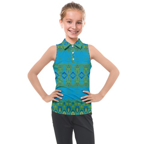 Boho Blue Green Pattern Kids  Sleeveless Polo Tee by SpinnyChairDesigns