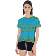 Boho Blue Green Pattern Open Back Sport Tee by SpinnyChairDesigns