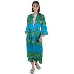 Boho Blue Green Pattern Maxi Satin Kimono by SpinnyChairDesigns