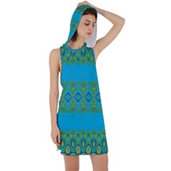 Boho Blue Green Pattern Racer Back Hoodie Dress by SpinnyChairDesigns