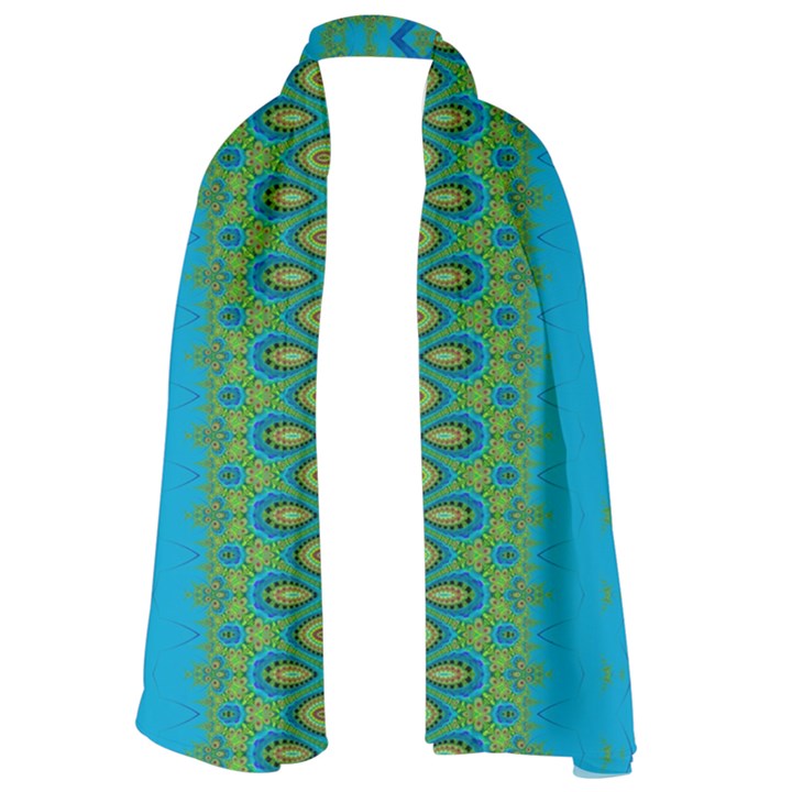 Boho Blue Green Pattern Long Sheer Chiffon Scarf 