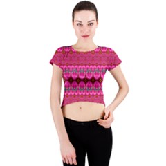 Boho Bright Pink Floral Crew Neck Crop Top by SpinnyChairDesigns