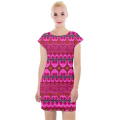 Boho Bright Pink Floral Cap Sleeve Bodycon Dress by SpinnyChairDesigns