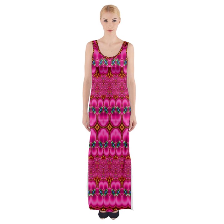 Boho Bright Pink Floral Thigh Split Maxi Dress