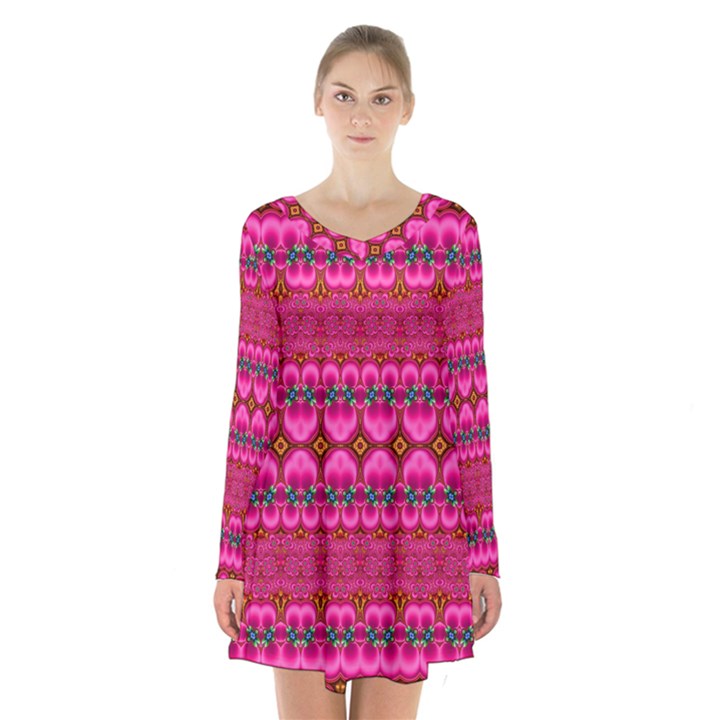 Boho Bright Pink Floral Long Sleeve Velvet V-neck Dress