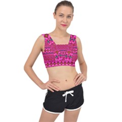 Boho Bright Pink Floral V-back Sports Bra by SpinnyChairDesigns