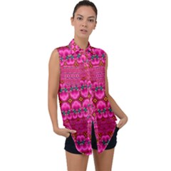 Boho Bright Pink Floral Sleeveless Chiffon Button Shirt