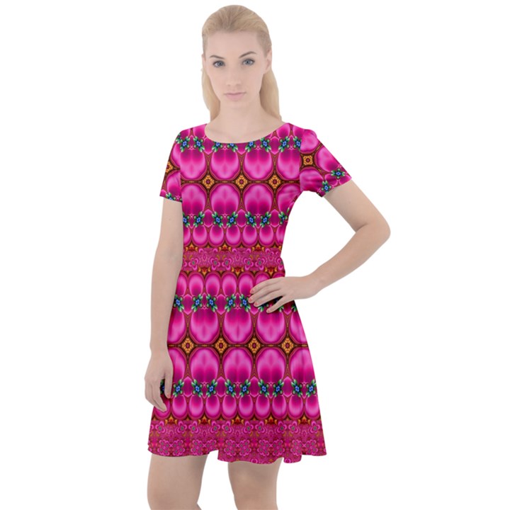 Boho Bright Pink Floral Cap Sleeve Velour Dress 