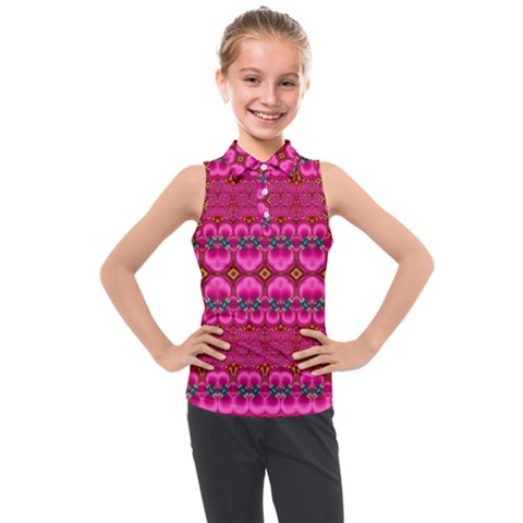 Boho Bright Pink Floral Kids  Sleeveless Polo Tee by SpinnyChairDesigns