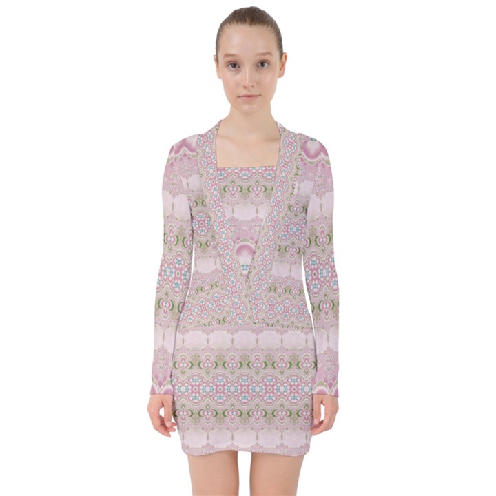 Boho Pastel Spring Floral Pink V-neck Bodycon Long Sleeve Dress