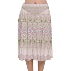 Boho Pastel Spring Floral Pink Velvet Flared Midi Skirt by SpinnyChairDesigns