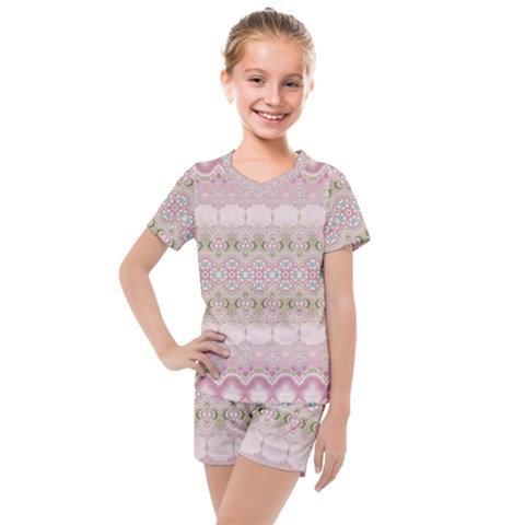 Boho Pastel Spring Floral Pink Kids  Mesh Tee And Shorts Set by SpinnyChairDesigns