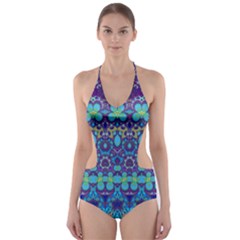 Boho Purple Blue Teal Floral Cut-out One Piece Swimsuit by SpinnyChairDesigns