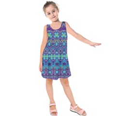 Boho Purple Blue Teal Floral Kids  Sleeveless Dress by SpinnyChairDesigns