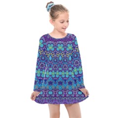 Boho Purple Blue Teal Floral Kids  Long Sleeve Dress by SpinnyChairDesigns