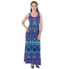 Boho Purple Blue Teal Floral Sleeveless Velour Maxi Dress by SpinnyChairDesigns