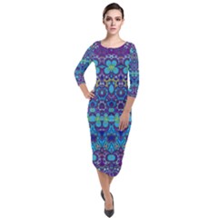 Boho Purple Blue Teal Floral Quarter Sleeve Midi Velour Bodycon Dress by SpinnyChairDesigns