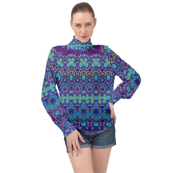 Boho Purple Blue Teal Floral High Neck Long Sleeve Chiffon Top