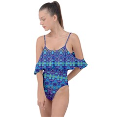 Boho Purple Blue Teal Floral Drape Piece Swimsuit by SpinnyChairDesigns