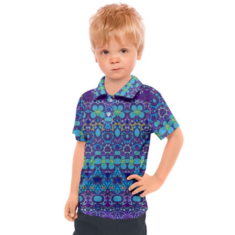 Boho Purple Blue Teal Floral Kids  Polo Tee by SpinnyChairDesigns