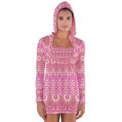 Boho Pink Floral Pattern Long Sleeve Hooded T-shirt by SpinnyChairDesigns