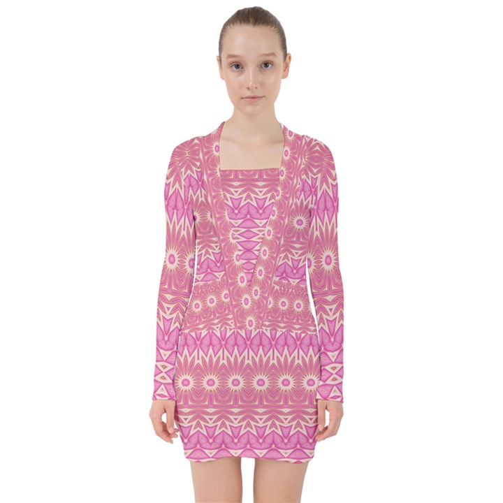 Boho Pink Floral Pattern V-neck Bodycon Long Sleeve Dress