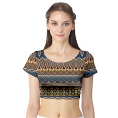 Boho Brown Blue Short Sleeve Crop Top by SpinnyChairDesigns