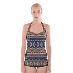 Boho Brown Blue Boyleg Halter Swimsuit  by SpinnyChairDesigns