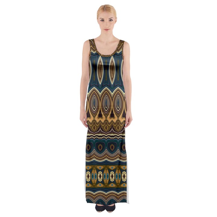 Boho Brown Blue Thigh Split Maxi Dress