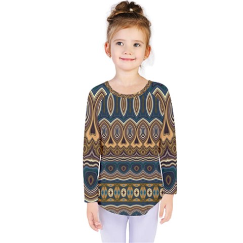 Boho Brown Blue Kids  Long Sleeve Tee by SpinnyChairDesigns