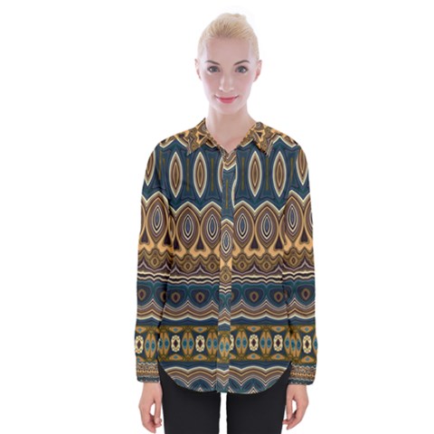 Boho Brown Blue Womens Long Sleeve Shirt by SpinnyChairDesigns