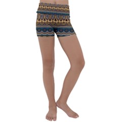 Boho Brown Blue Kids  Lightweight Velour Yoga Shorts by SpinnyChairDesigns