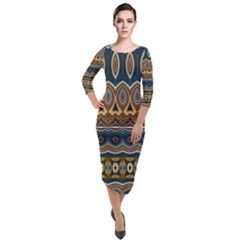 Boho Brown Blue Quarter Sleeve Midi Velour Bodycon Dress by SpinnyChairDesigns