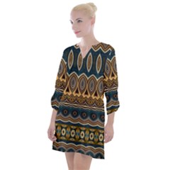 Boho Brown Blue Open Neck Shift Dress by SpinnyChairDesigns