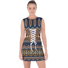 Boho Brown Blue Lace Up Front Bodycon Dress by SpinnyChairDesigns