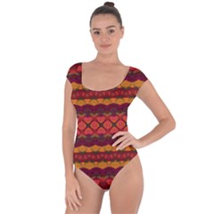 Boho Red Gold Short Sleeve Leotard  by SpinnyChairDesigns