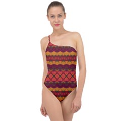 Boho Red Gold Classic One Shoulder Swimsuit by SpinnyChairDesigns