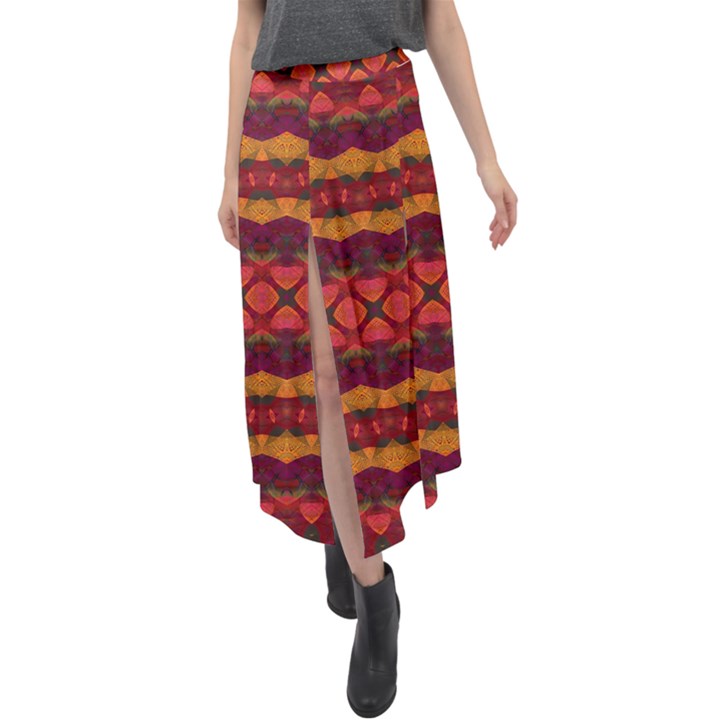 Boho Red Gold Velour Split Maxi Skirt