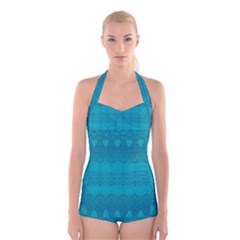 Boho Teal Pattern Boyleg Halter Swimsuit  by SpinnyChairDesigns