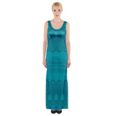 Boho Teal Pattern Thigh Split Maxi Dress by SpinnyChairDesigns