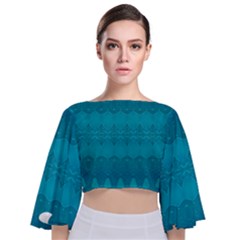 Boho Teal Pattern Tie Back Butterfly Sleeve Chiffon Top by SpinnyChairDesigns