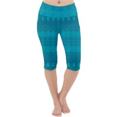 Boho Teal Pattern Lightweight Velour Cropped Yoga Leggings by SpinnyChairDesigns