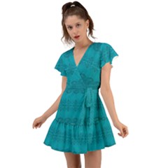 Boho Teal Pattern Flutter Sleeve Wrap Dress by SpinnyChairDesigns