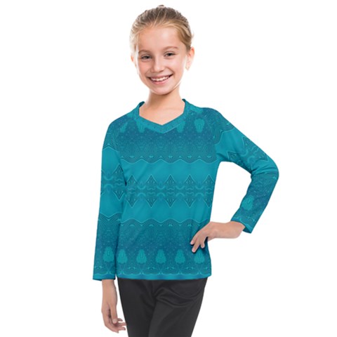 Boho Teal Pattern Kids  Long Mesh Tee by SpinnyChairDesigns