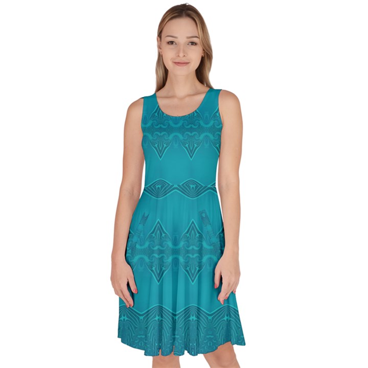 Boho Teal Pattern Knee Length Skater Dress With Pockets