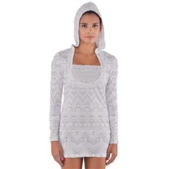 Boho White Wedding Lace Pattern Long Sleeve Hooded T-shirt by SpinnyChairDesigns