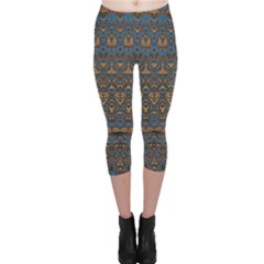 Boho Blue Gold Pattern Capri Leggings  by SpinnyChairDesigns