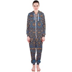 Boho Blue Gold Pattern Hooded Jumpsuit (ladies)  by SpinnyChairDesigns